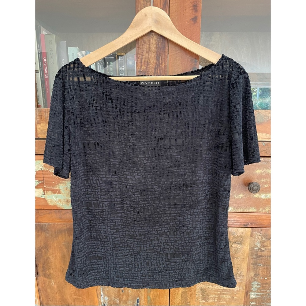Natori Black Velvet Patterned Sheer Short Sleeve Top